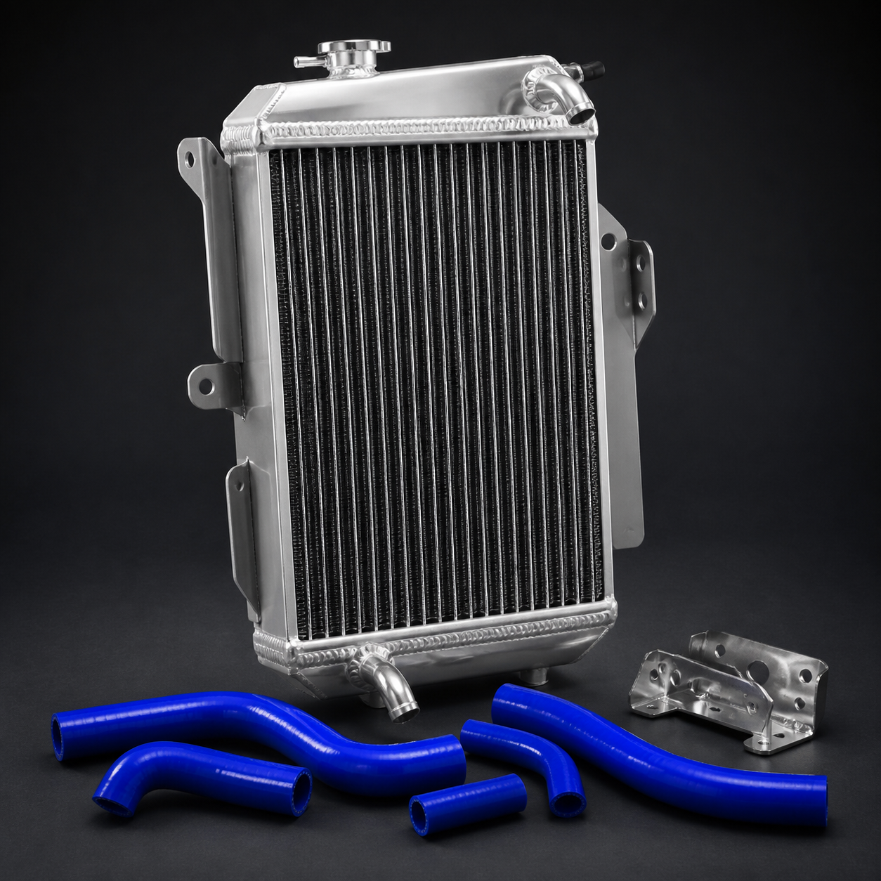 High performance motorcycle radiator with blue hoses